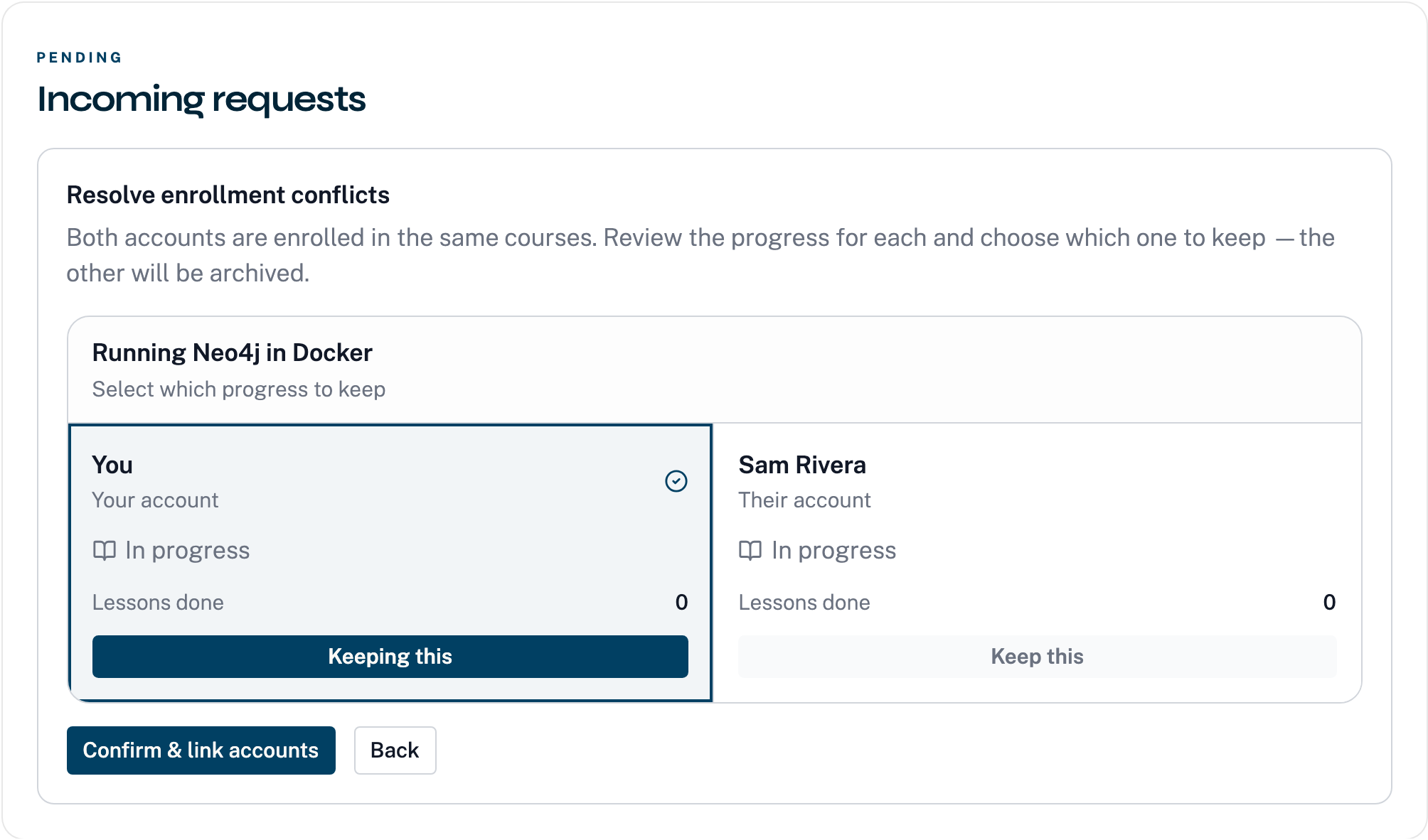 The conflict screen comparing progress on both accounts
