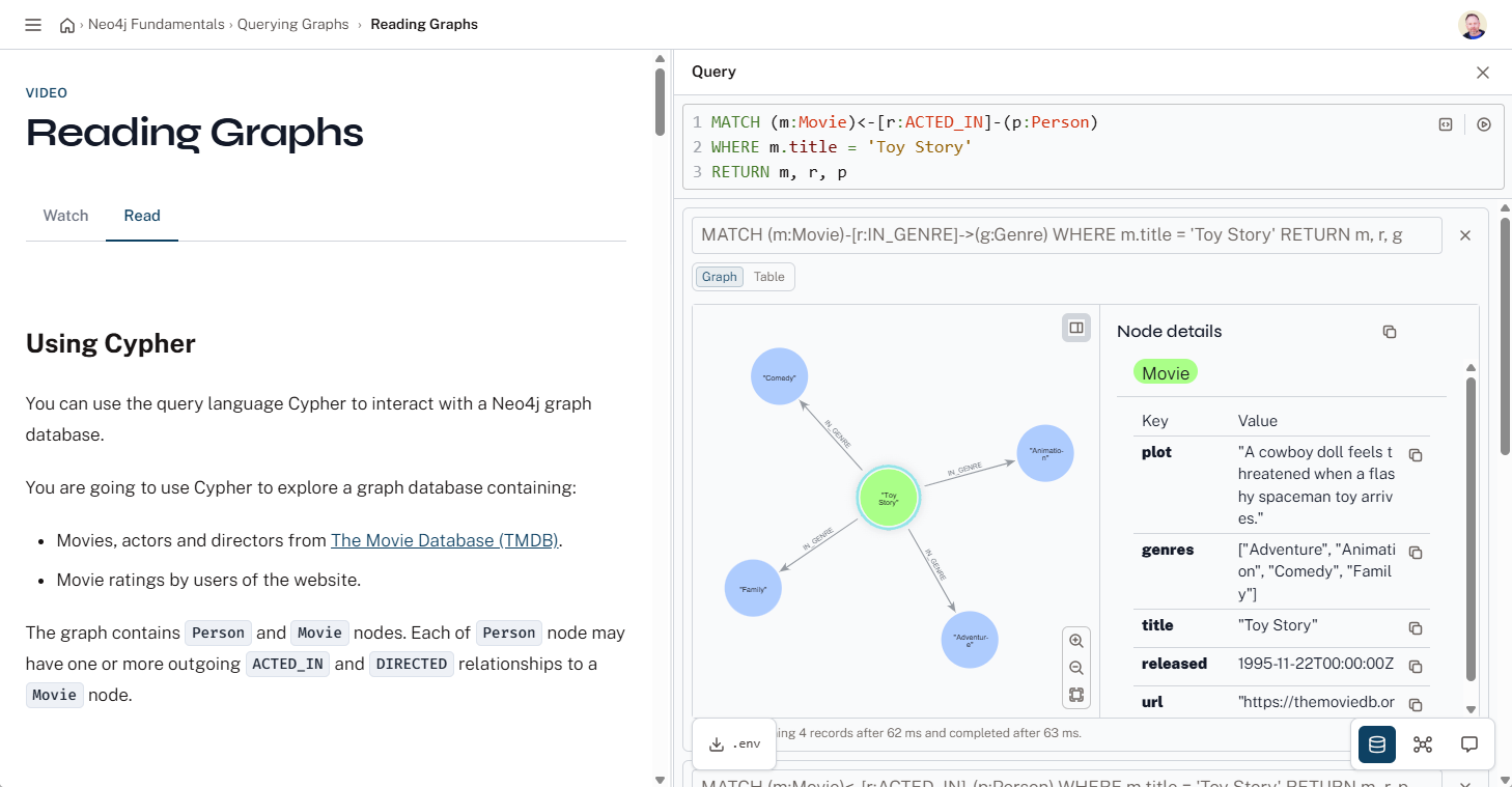 image of the GraphAcademy platform showing a course lesson and a Neo4j database instance