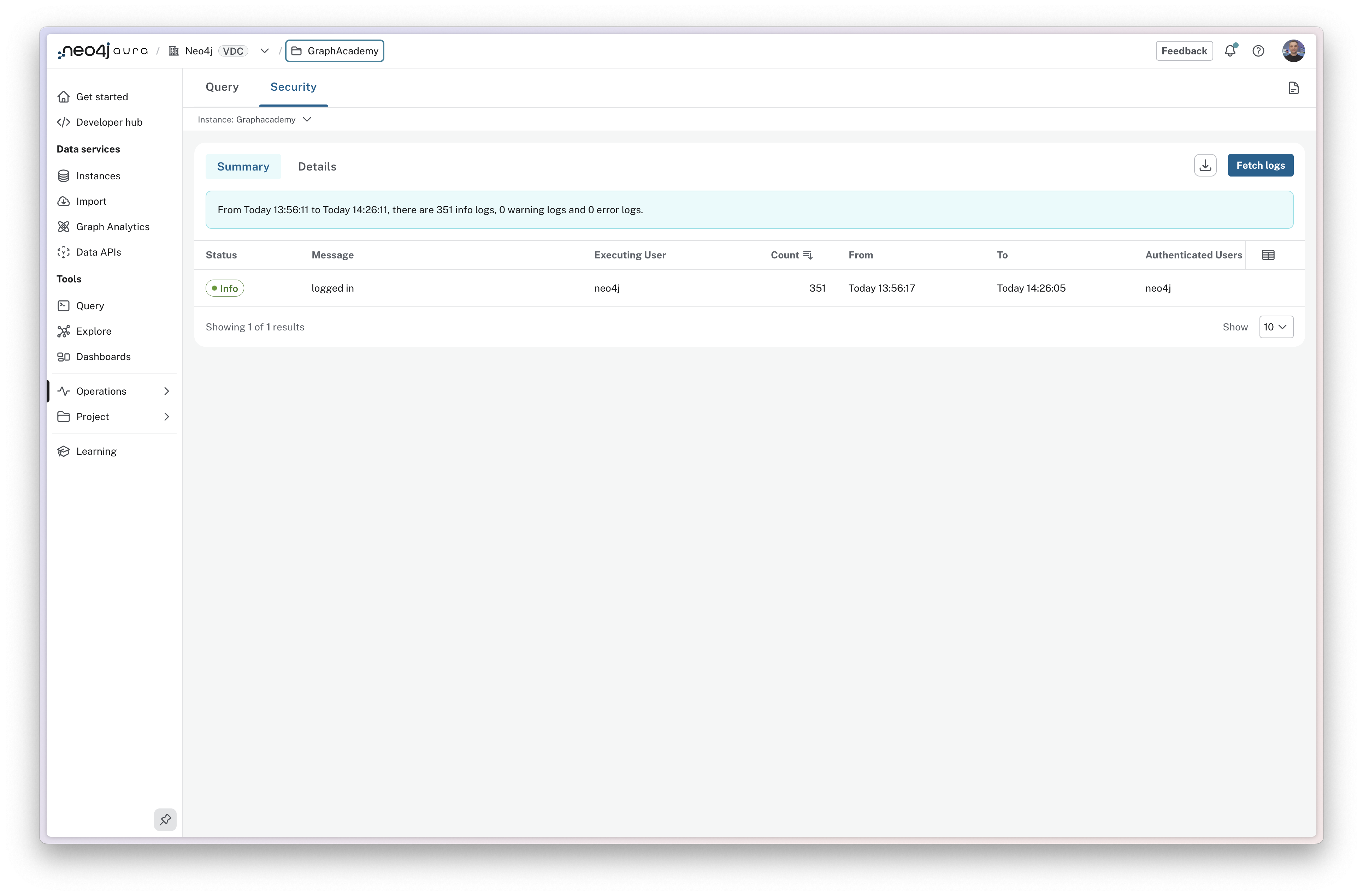 Security logs tab highlighted