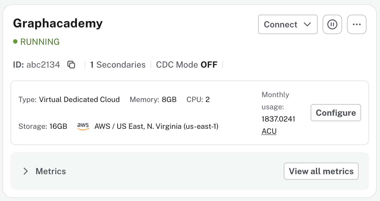 Metrics section at the bottom of an instance card