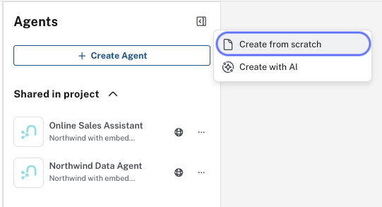 Create Agent menu showing Create from scratch and Create with AI options