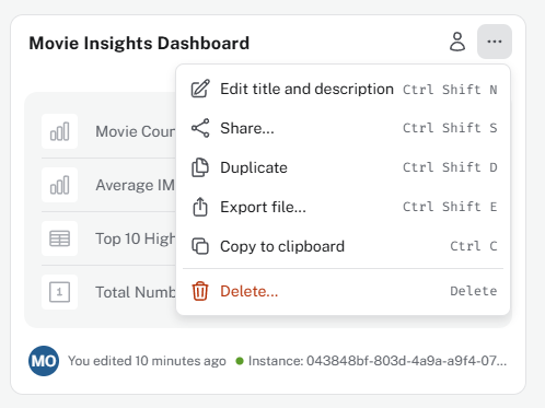 Export option on the dashboard menu
