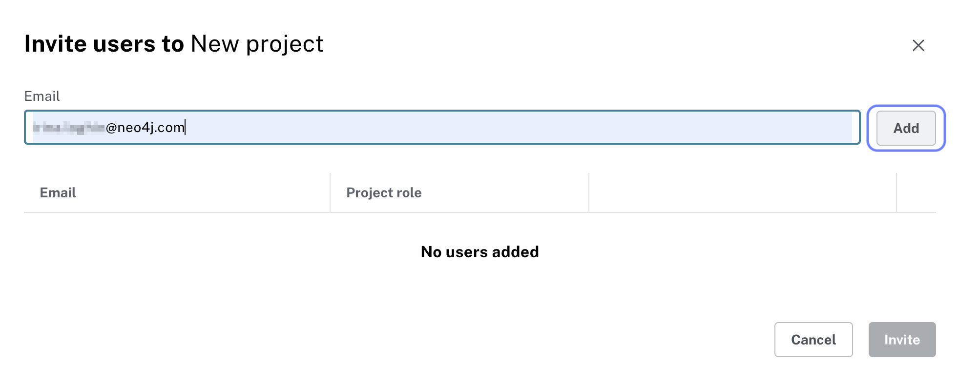 Email address added to the invite users field