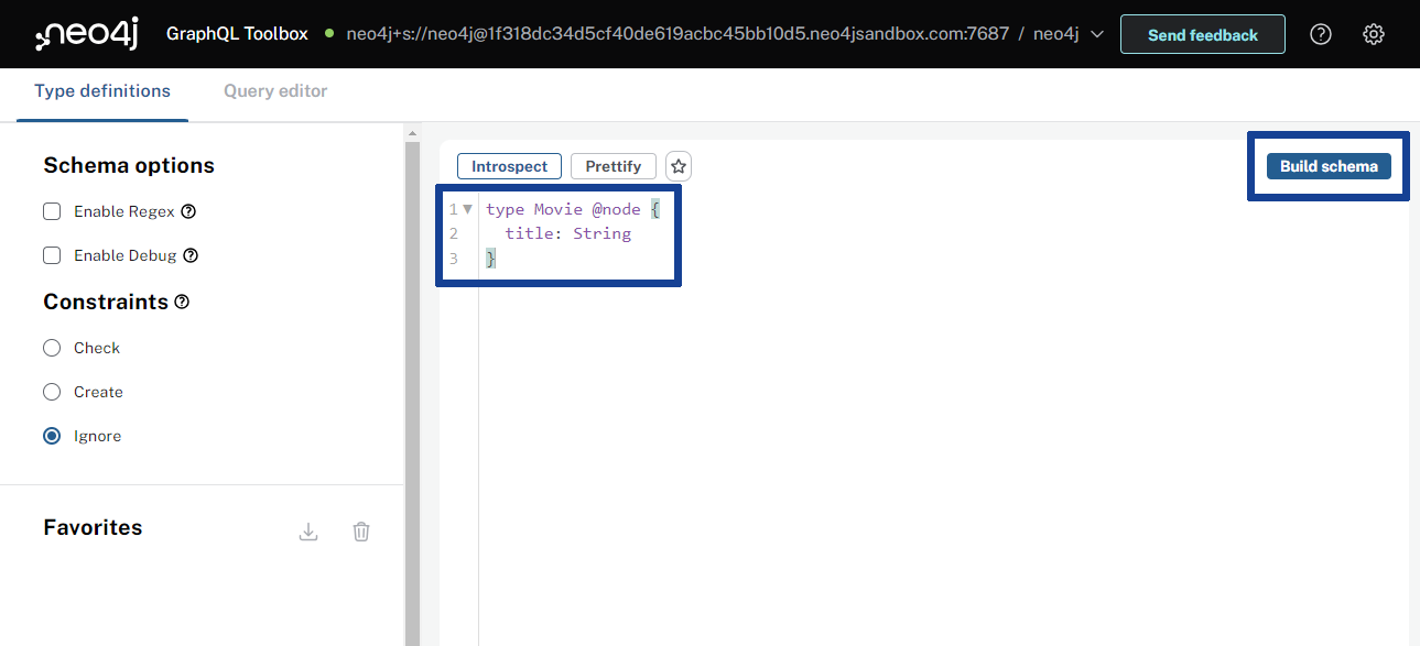 The GraphQL toolbox type definition screen