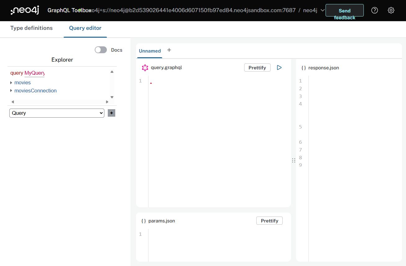 The GraphQL query editor screen