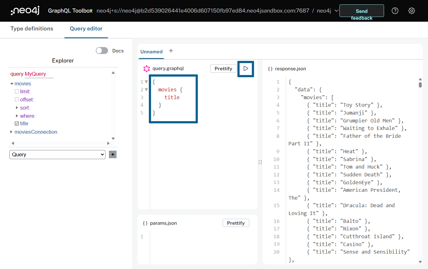 The GraphQL query editor screen with the above query and run button highlighted
