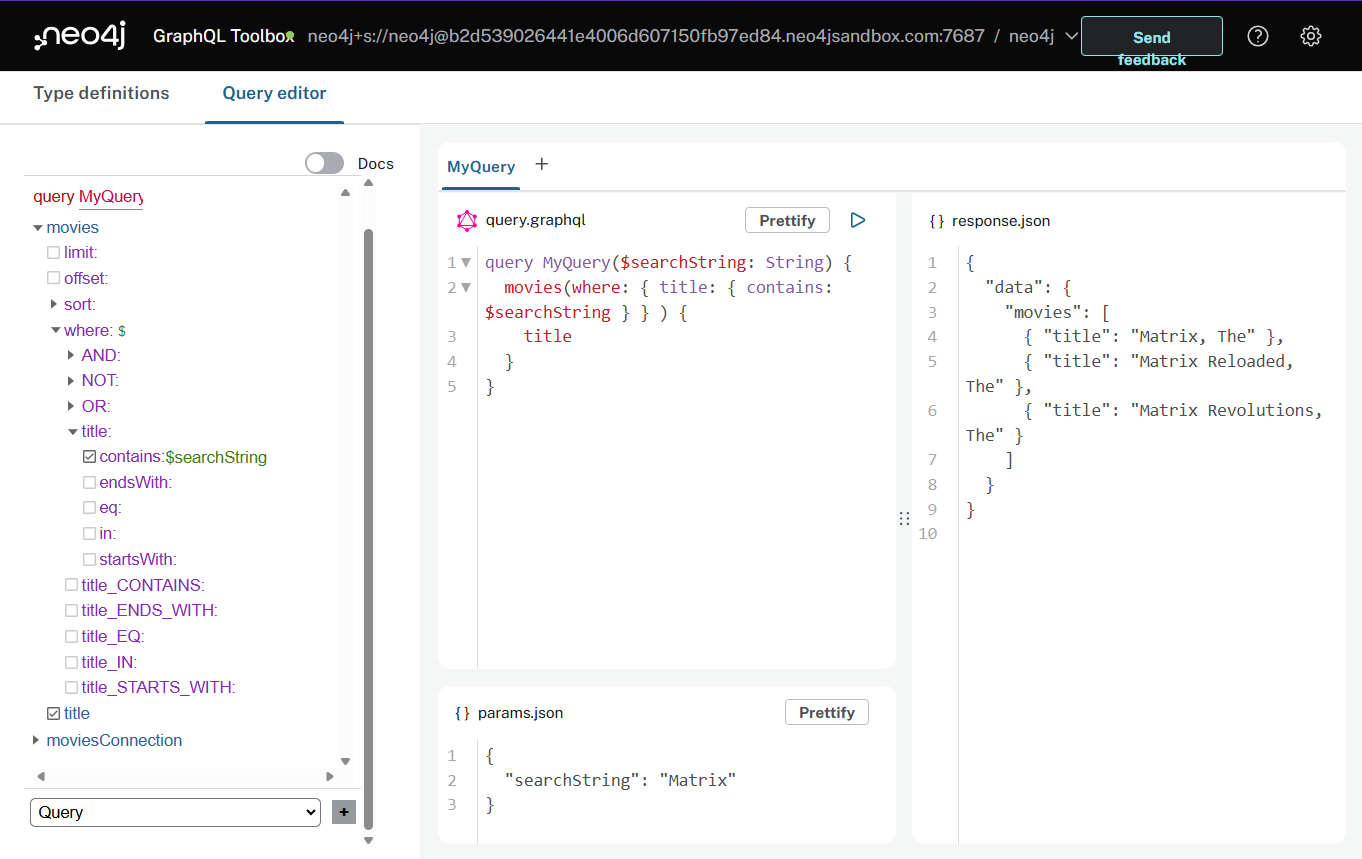 Using GraphQL variables with the Neo4j GraphQL Toolbox