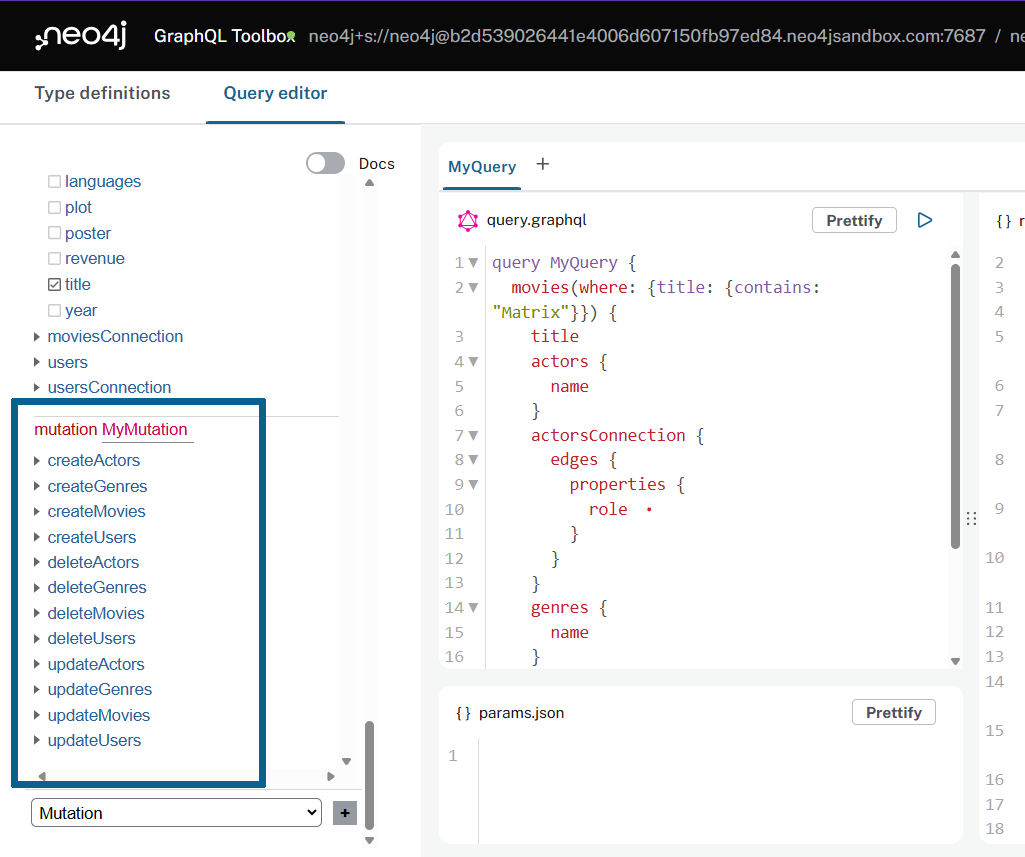 Toolbox explorer with the mutation queries highlighted