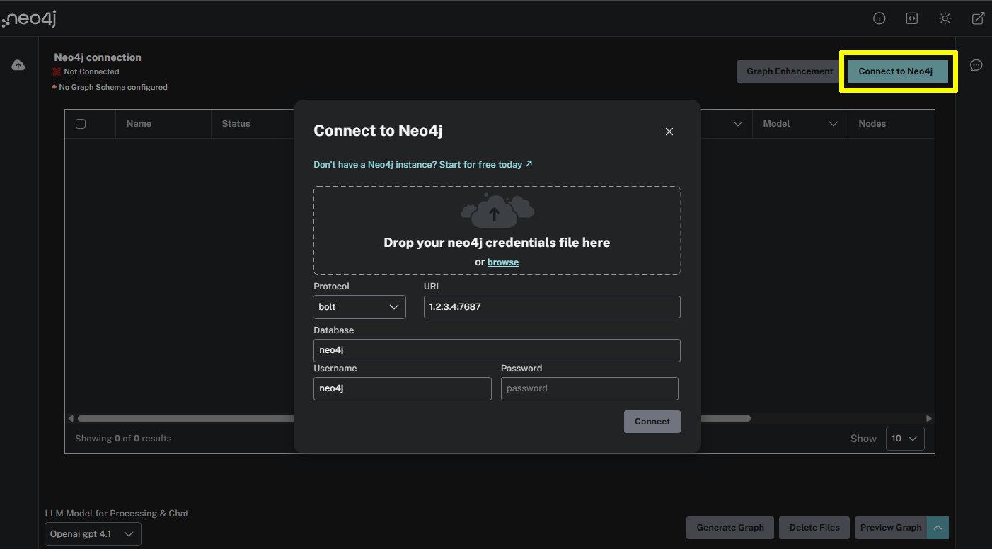 A screenshot of the LLM Graph Builder connection screen
