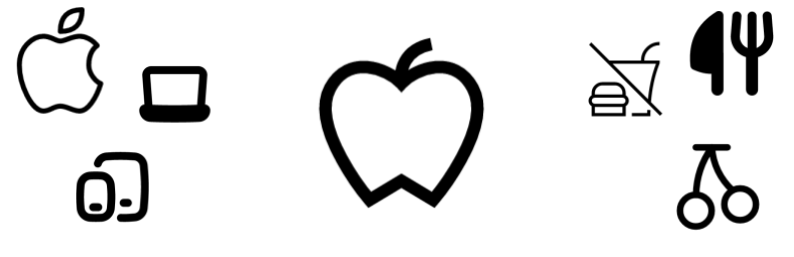 An apple in the middle with a tech icons on the left and a food on the right