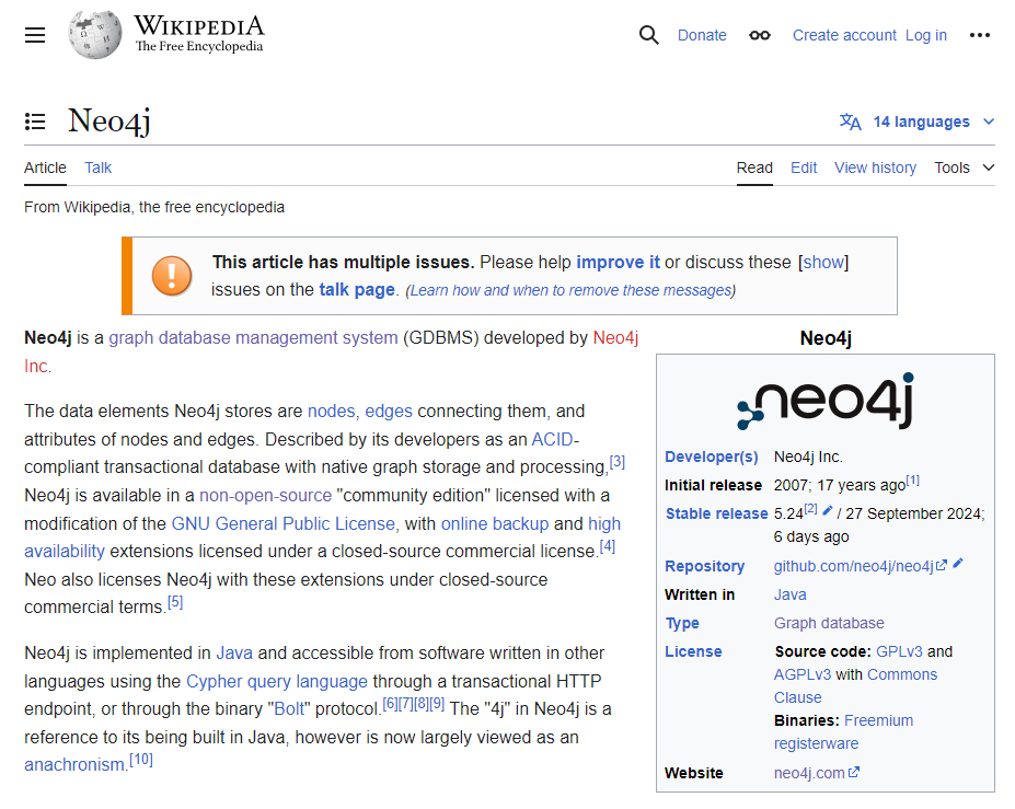 A screenshot of the Neo4j wiki page