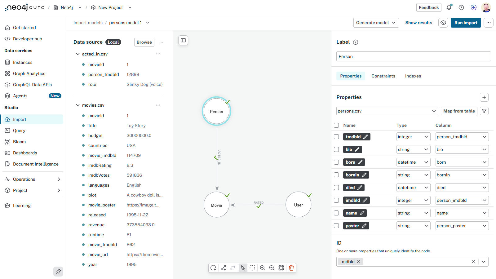 The Import workspace in Neo4j Console showing a graph model with Person, Movie, and User nodes